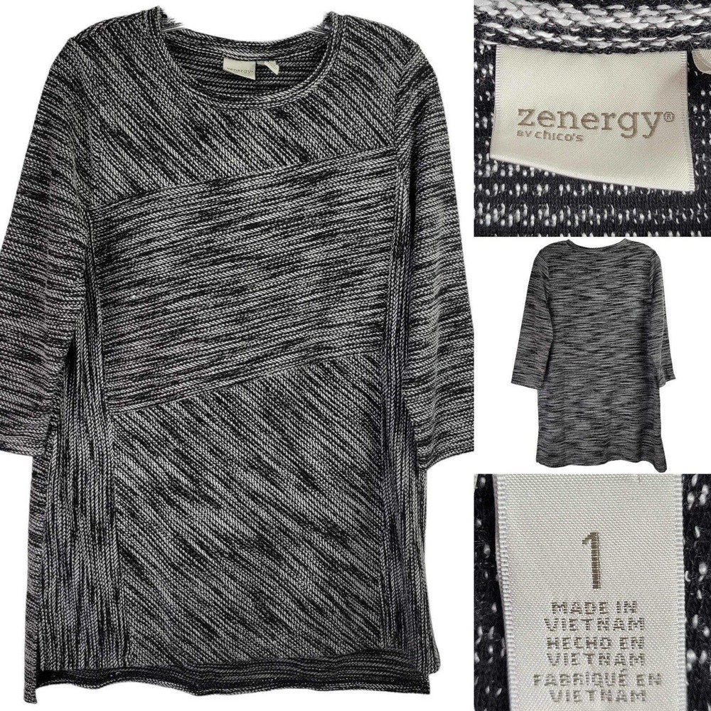 Chicos Zenergy Sweatshirt Womens Size 1 Medium Black White Rayon Pullover